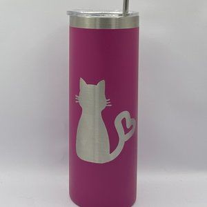 Cat kitten heart pink engraved 20 ounce skinny tumbler, cat mom, cat lover
